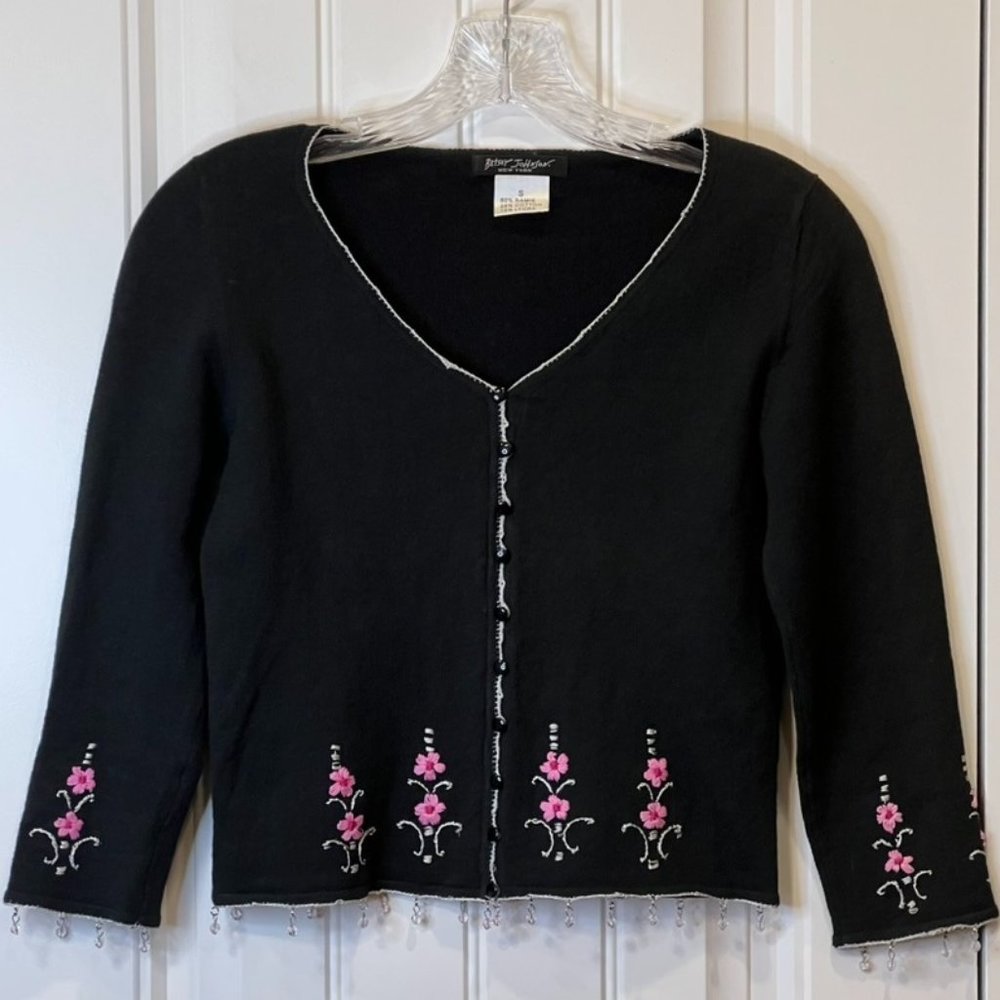 Betsy Johnson.RARE VINTAGE Cropped Sweater W/Embroidered Flowers - EUC - Size S